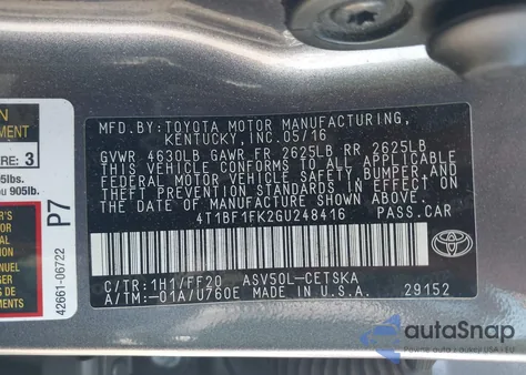 2016 Toyota Camry Se z USA, uszkodzony, nr VIN 4T1BF1FK2GU248416